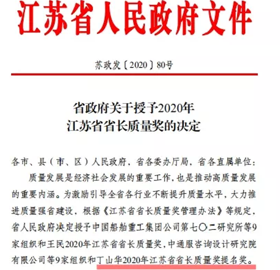 喜訊！丁山華榮獲江蘇省省長(zhǎng)質(zhì)量獎(jiǎng)提名獎(jiǎng)
