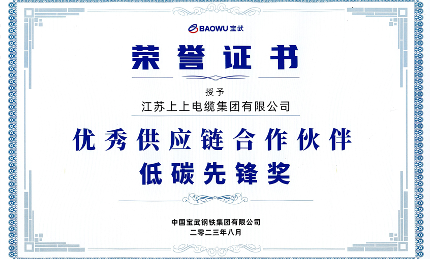 上上電纜榮獲寶武集團“2022年度優(yōu)秀供應(yīng)鏈合作伙伴——低碳先鋒獎”